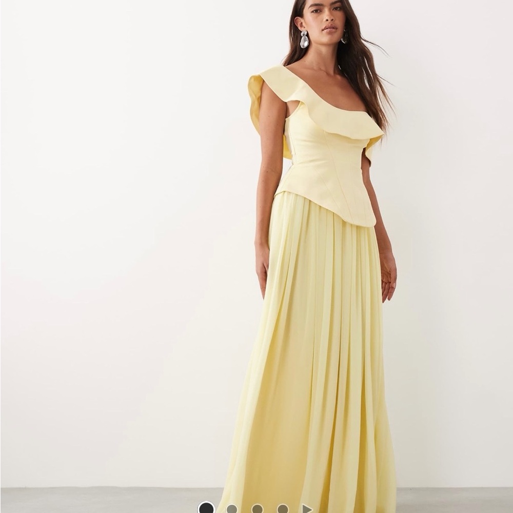 ARRANGE fallen shoulder structured maxi dress with full skirt in lemon yellow